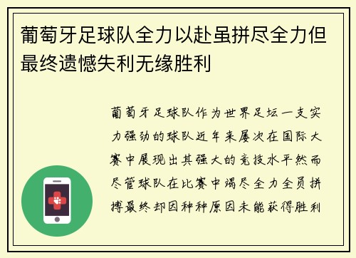 葡萄牙足球队全力以赴虽拼尽全力但最终遗憾失利无缘胜利