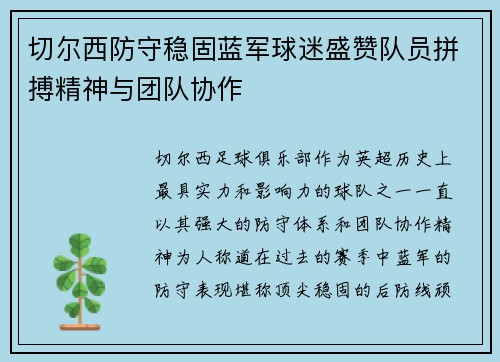 切尔西防守稳固蓝军球迷盛赞队员拼搏精神与团队协作